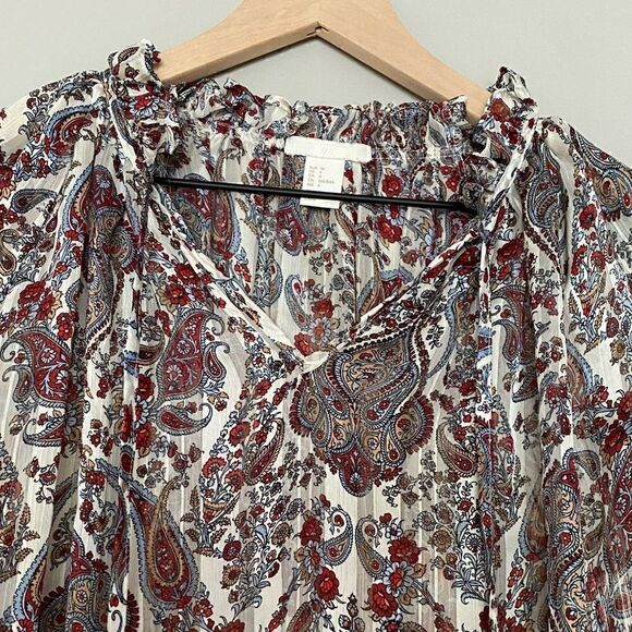 H&M Women’s Sheer‎ Blouse in Paisley Pattern Blue Red White Size Small - Picture 2 of 6